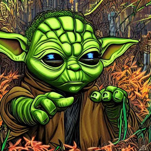 Prompt: yoda terminator, graffiti city covered in vegetation, highly detailed, smooth color composition, digital art masterpiece