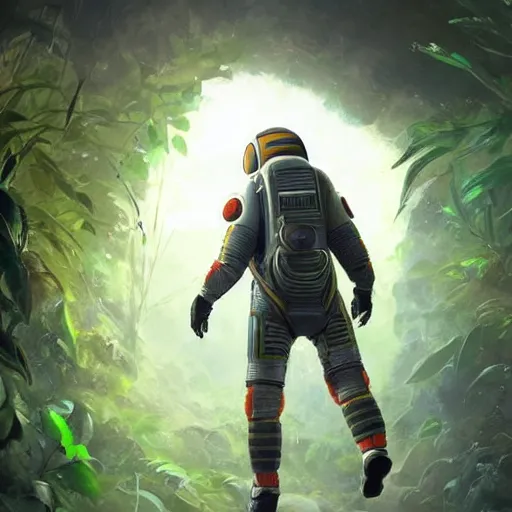 Prompt: view of a future cosmonaut with helmet having cybernetics and wirings exploring a jungle, trending on artstation, art by rossdraws and greg rutkowski, global illumination