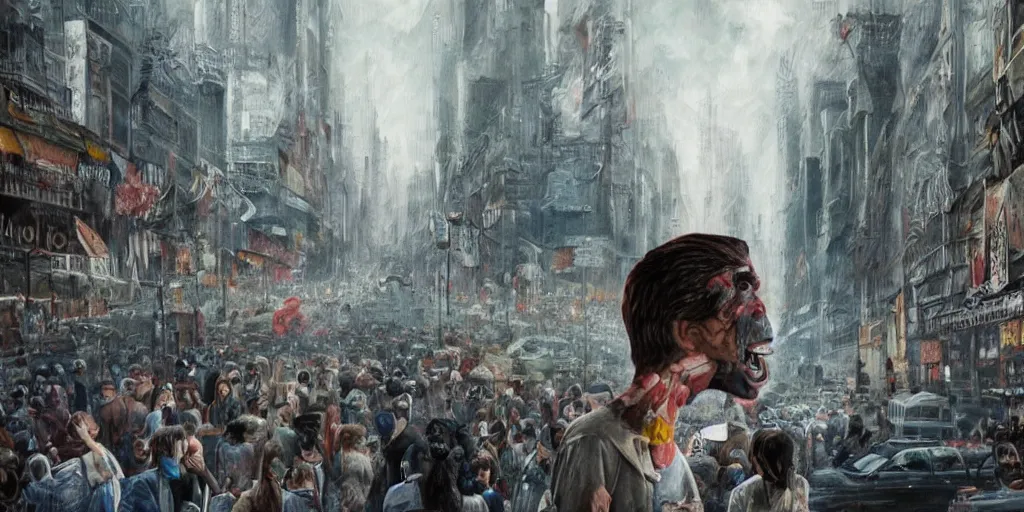 Image similar to a fine detailed painting of a psycho man in the city of pollution with lot of people, ultrarealistic filmic, 16K 3D, cry engine, cosmic distopic art