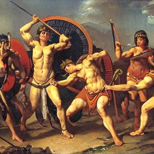 Image similar to muscular warrior women, amazonian warrior women, women fighting men, muscular men, roman warrior men, clashing in bloody field, art by jacques - louis david