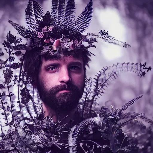 Image similar to a male knight with beard, stern face, clear eyes, shining armour made of steel, and fractal hair in a fractal garden, glowing delicate flower, berries and ferns that grow in a dark flowering fantasy forest, full frame,