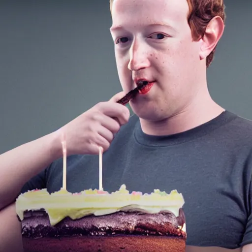 Image similar to Matte painting of obese Mark Zuckerberg eating Cake