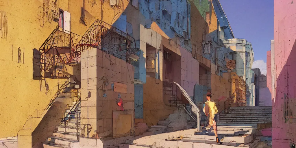 Image similar to neo brutralism, concrete housing, an archway, stairways, concept art, colorful, vivid colors, sunshine, light, shadows, reflections, oilpainting, cinematic, 3D, in the style of Akihiko Yoshida and Edward Hopper