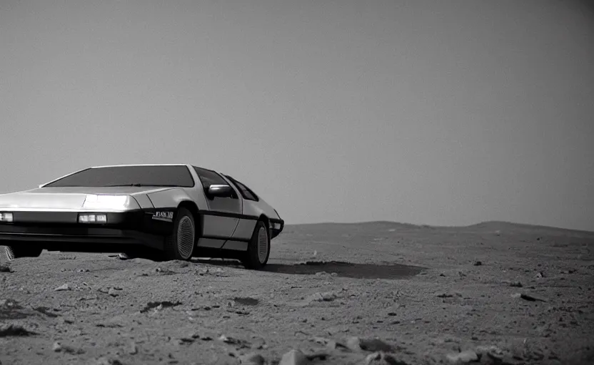 Image similar to a dreamy retro 8 0 s photo of a delorean on the moon, bloomy