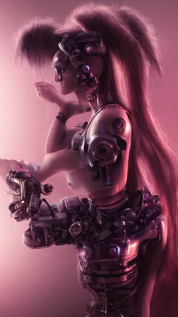 Prompt: beautiful cyborg girl with pony hair,cyberpunk,realistic,cinematic,3d,night lighting