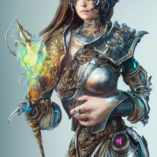 Prompt: studio portrait of lawful good colorful female holy mech paladin as absurdly beautiful, elegant, young woman, eye gear, ultrafine hyperrealistic detailed face illustration by kim jung gi, irakli nadar, intricate linework, sharp focus, bright colors, matte, octopath traveler, final fantasy, unreal engine highly rendered, global illumination, radiant light, intricate environment