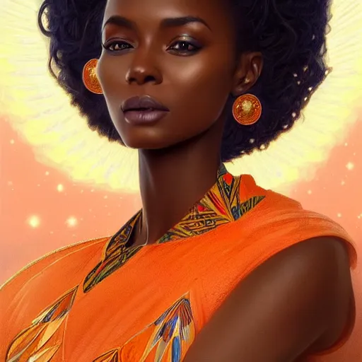 Image similar to portrait of very very very very very very beautiful african woman with angels wings, spacesuit, orange eyes, intricate, elegant, highly detailed, digital painting, artstation, concept art, smooth, sharp focus, illustration, art by artgerm and greg rutkowski and alphonse mucha