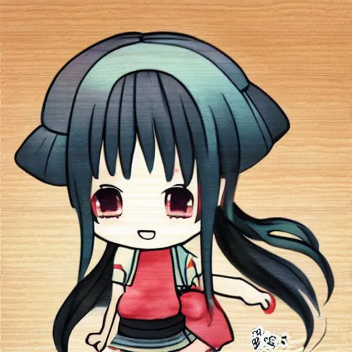 Image similar to concept art of a singular kawaii chibi in the sytle of japanese wood print, on simple background, water color nendoroid, anime waifu, ukiyoe, no shading, no gradient, flat design