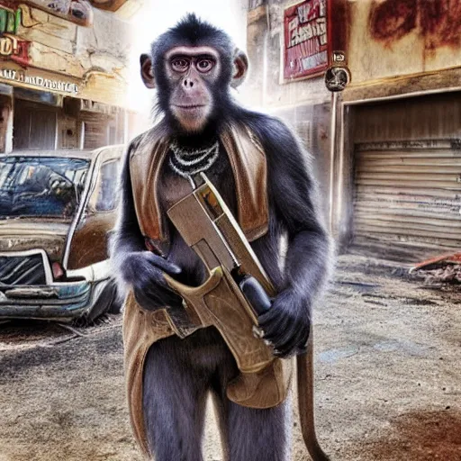 Prompt: realistic photo, a monkey holding a gun dressed as a cowboy, post apocalyptic city