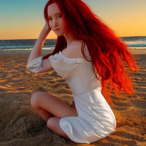 Image similar to An anime girl with long red hair in a white silky dress sitting in the sand on a beach at sunset