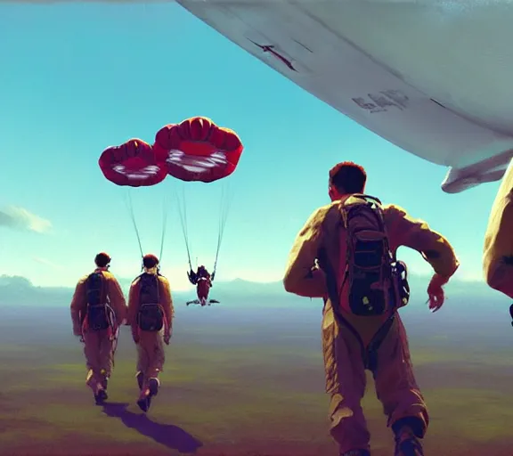 Image similar to five parachutists go to the plane, portrait, painting by craig mullins, octane rendering, soft morning lighting, wide angle lens, in the style of hayao miyazaki, trending on artstation,