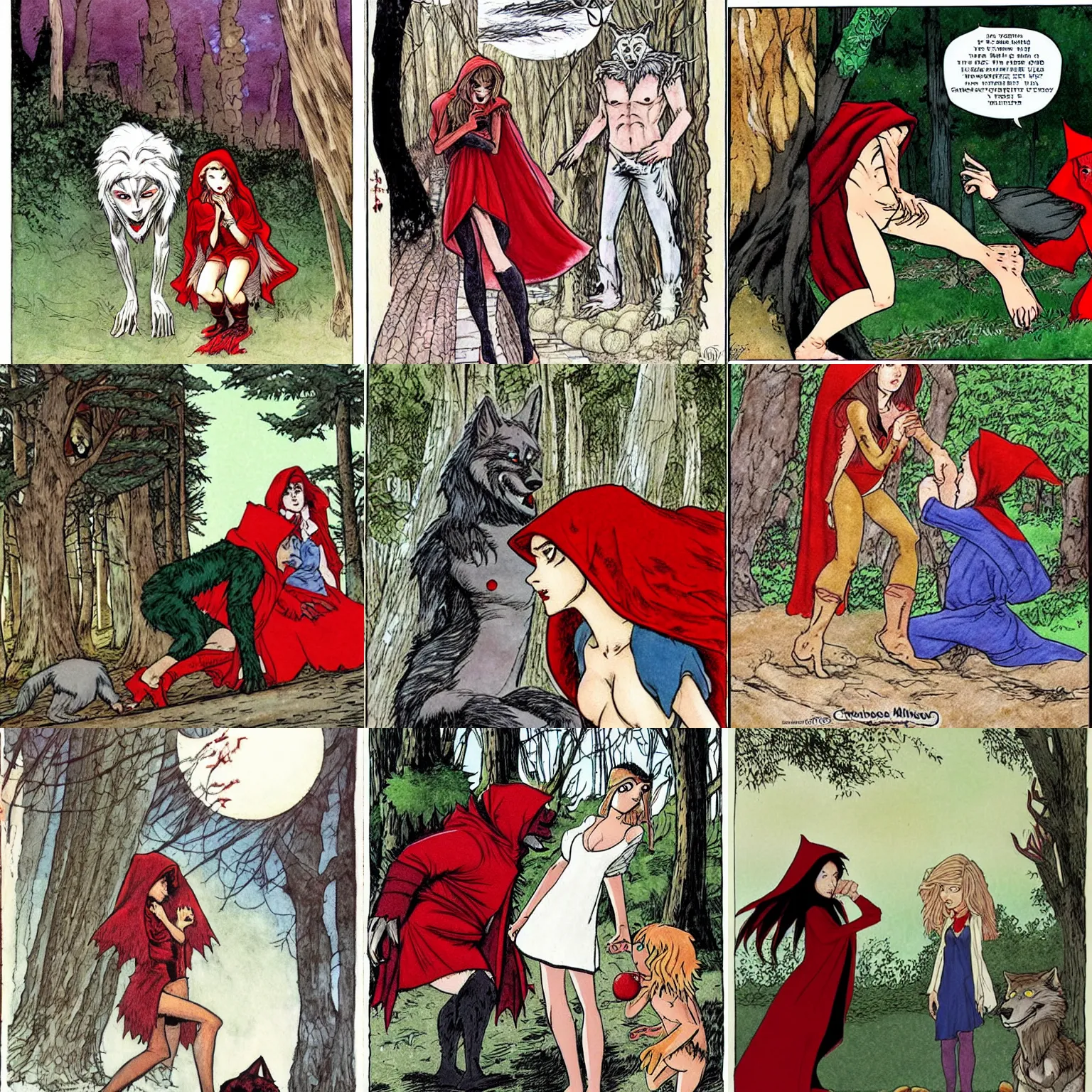 Prompt: werewolf and red riding hood are looking for something, Milo Manara style