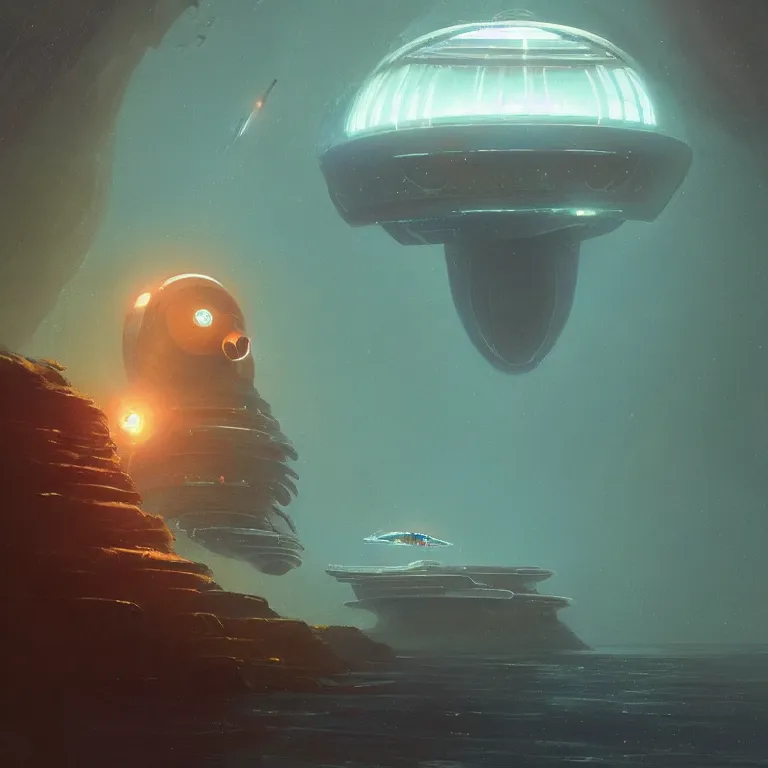 Image similar to nautilus spaceship dripping wet rising from the ocean, sci - fi concept art, by john harris, by simon stalenhag, by vincent di fate, stunning, award winning