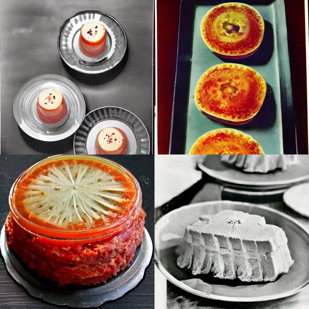 Prompt: savory aspic layered with morsels of my mother's disappointment, 1940s food photography