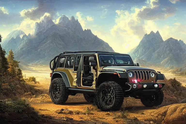 Prompt: a futurisitic well designed car by jeep and honda and lamborghini and boeing, military, mountains in the distance, day, summer, painting by asher brown durand and star wars movie, ultra mega detailed, beautiful realistic photo, professional photography, perfect