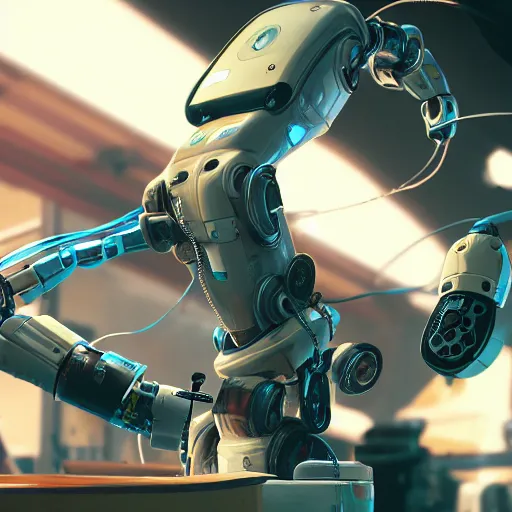 Image similar to a close up shot of a robot repairing in factory,cyberpunk,2077