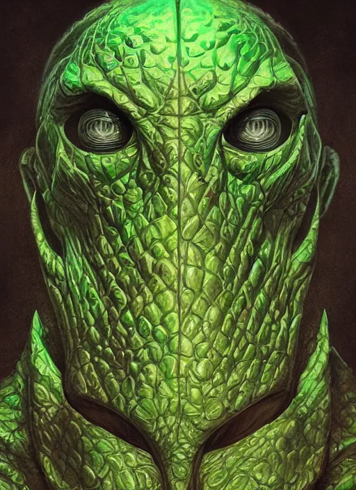 Prompt: duncan trussell mf doom reptile eyes, green skin. intricate, elegant, highly detailed, centered, digital painting, artstation, concept art, smooth, sharp focus, illustration, artgerm, tomasz alen kopera, peter mohrbacher, donato giancola, joseph christian leyendecker, wlop, frank frazetta