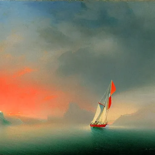 Image similar to minimalist symmetrical red clouds and green ocean in iceland fjord with tall sailboat painting by ivan aivazovsky