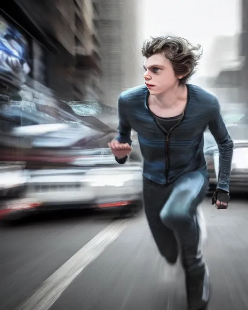 Image similar to photo of evan peters, as quicksilver, racing at hyper speed thru the streets of nyc. ever thing is a blur via long exposure like effect, but he is in sharp focus.