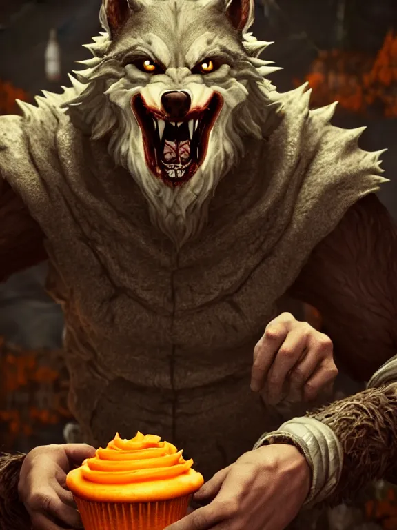 Prompt: cute handsome cuddly burly surly relaxed calm timid werewolf from van helsing holding a delicious cupcake with orange frosting in a candy shop sweet unreal engine hyperreallistic render 8k character concept art masterpiece screenshot from the video game the Elder Scrolls V: Skyrim