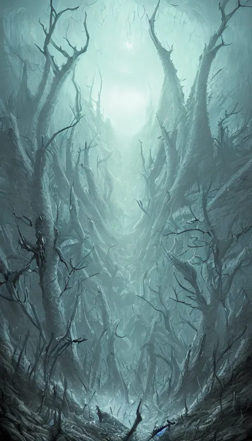 Prompt: a storm vortex made of many demonic eyes and teeth over a forest, by artstation