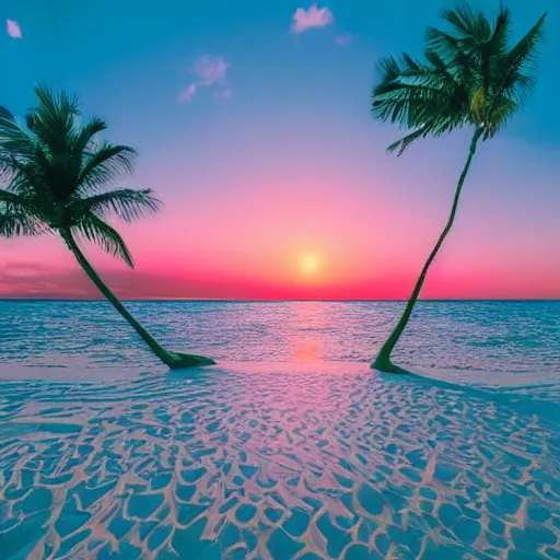 Prompt: Photo of the middle of the ocean, tiny islands made of sand and sandbars, a couple of palm trees, sunset, pink clouds, dreamy, enchanting, ultrarealistic