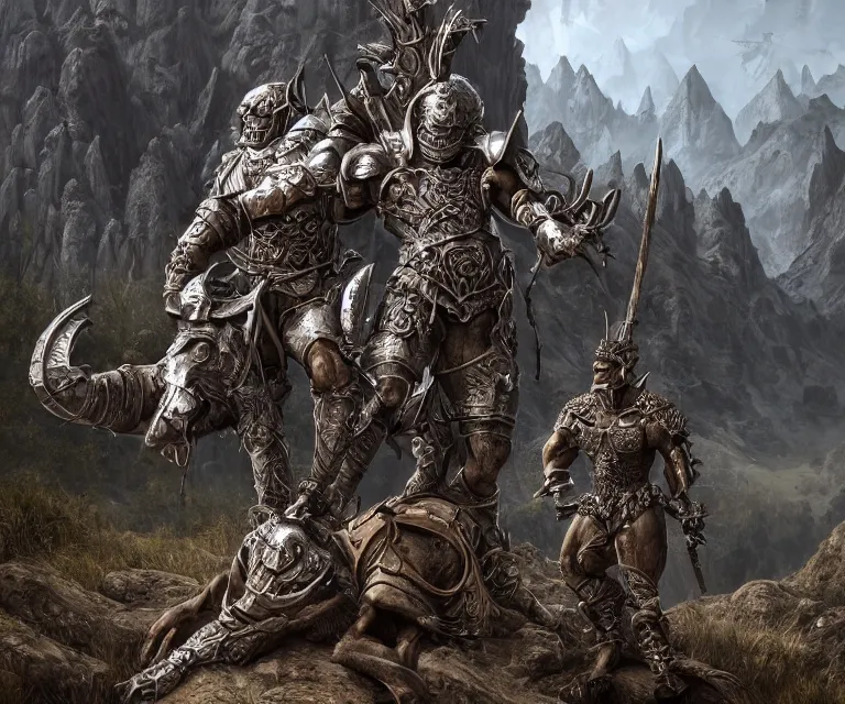 Image similar to trailcam footage grotesque horrific stylistic vray 3 d render of silver ornate armor slim bodybuilder handsome warriors in battle, mountains and giant gothic abbeys, hyperrealism, fine detail, 8 k, artsation contest winner, cgsociety, fantasy art, cryengine, brush strokes, oil canvas by mandy jurgens and michael whelan