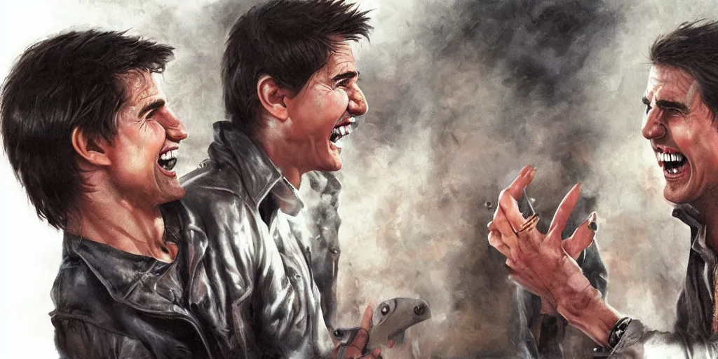 Image similar to hyper realistic tom cruise hanging out with tom cruise at a bar, all overly excited, jaw unhinged with laughter and smiling, all teeth, kinda disturbing but really funny, tom has evil eyes, like super evil looking, by greg rutkowski, scott m fischer, artgerm, loish, slight glow, atmospheric, anne stokes, alexandros pyromallis