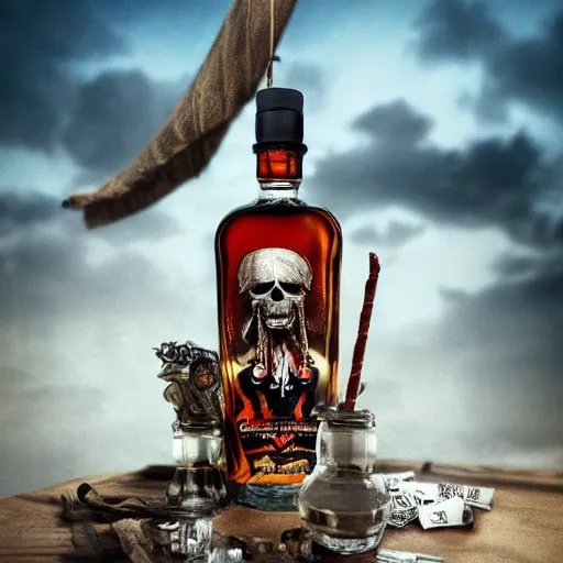 Image similar to jack sparrow drinks rum from bottle at his pirate ship, focus, 3 d illustration, sharp, intricate, poster, bottle of rum, pirate ship at background, photo, detailed photo, scene from pirates of caribbean