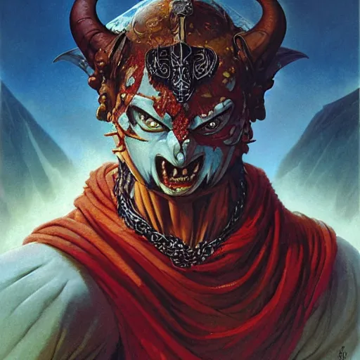 Image similar to head and shoulders portrait of a rakshasa, d & d, fantasy, greg rutkowski, frank frazetta, alexandre chaudret, boris vallejo, michael whelan, miro petrov, hr giger, magali villeneuve, donato giancola