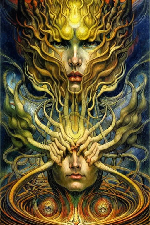 Prompt: Divine Chaos Engine by Karol Bak, Jean Delville, William Blake, and Vincent Van Gogh, symbolist, visionary