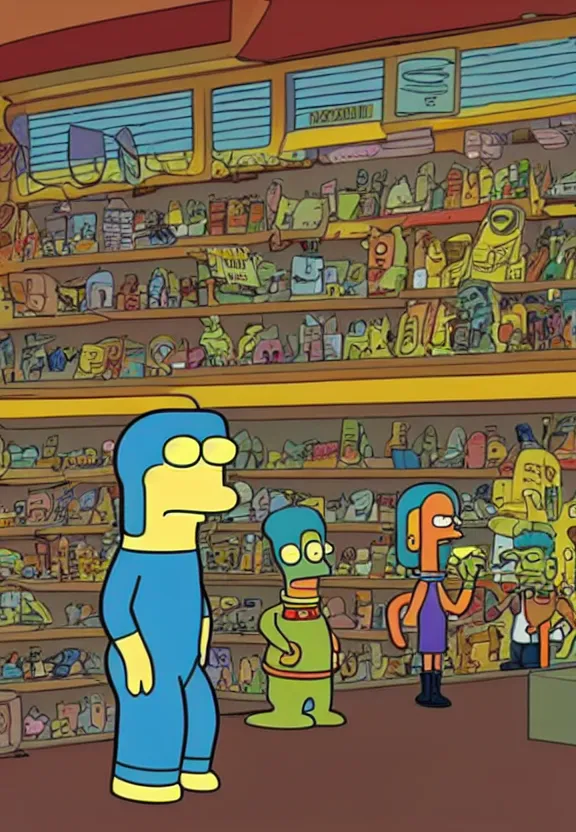 Image similar to a character from the show futurama in a shop, looking at camera, extremely detailed, sci - fi illustration, art by matt groening, futurama animation artstyle