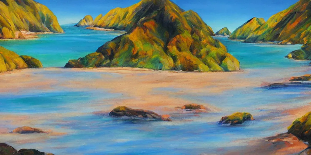 Image similar to golden bay new zealand, abel tasman, colorful oil painting, trending on artstation