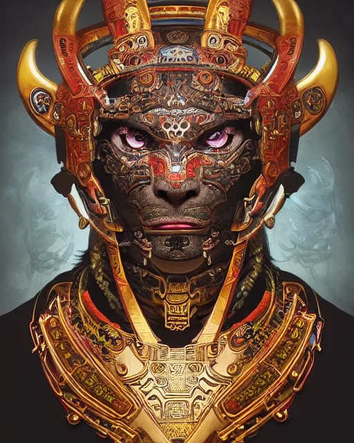 Image similar to portrait of a mayan masculine male cyberpunk jaguar warrior, machine face, upper half portrait, decorated with chinese opera motifs, muscular, asian, fine china, wuxia, traditional chinese art, intricate intense elegant, highly detailed symmetry headpiece digital painting artstation concept art smooth sharp focus illustration, art by artgerm and greg rutkowski alphonse mucha 8 k