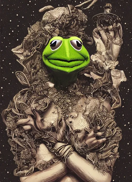 Image similar to Kermit the Frog goddess painting by Dan Hillier, trending on artstation, artstationHD, artstationHQ, 4k, 8k