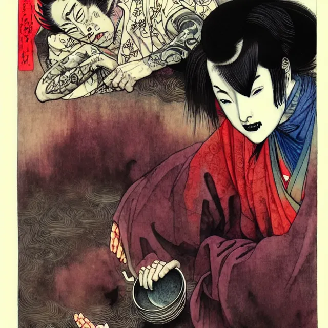 Prompt: expressive and intensive, black ink & copic markers, vibrant muted colors, nostalgic still of [ the devil himself ] [ doing the dishes ], by ( arthur adams ), by ( tom bagshaw ), by henry asencio, by kikuchi hideyuki, ukiyo - e