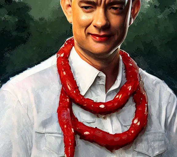 Image similar to Tom hanks as forrest gump wearing a necklace of shrimps around the neck, realistic face, digital art, in the style of Raphael Lacoste, amazing detail, artstation