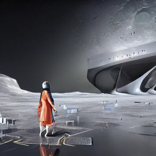 Image similar to digital image oily airport architecture motherboard cpu in liquid on the coronation of napoleon painting, on moon with medium size woman walking with black background. unreal engine 5, keyshot, octane, artstation trending, by Zaha Hadid style architecture, by Matrix film color, high contrast pinterest black plastic, dark atmosphere pinterest tilt shift, 4k, 8k, 16k.