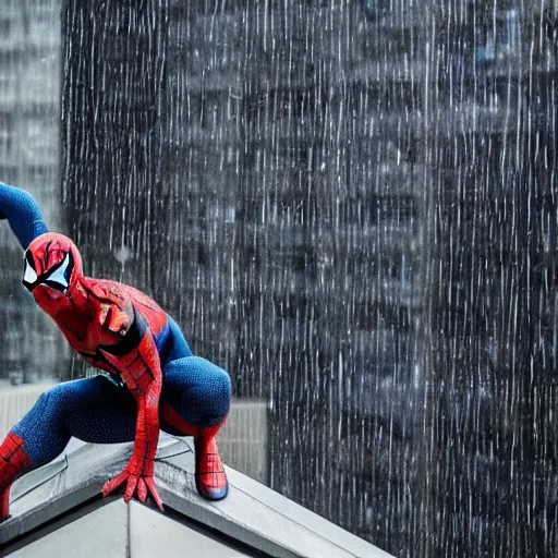 Prompt: spider - man perched next to batman on top of a building with rain pouring down