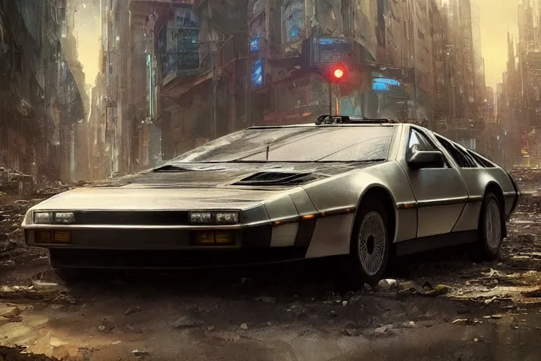 Image similar to photograph of the delorean driving down the streets of a cyberpunk abandoned city, by greg rutkowski, by stanley artgerm, by alphonse mucha