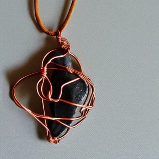 Image similar to beautiful but simple amulet made from equal parts bright sandstone and dark sandstone, bound together by copper wire and representing powerful love