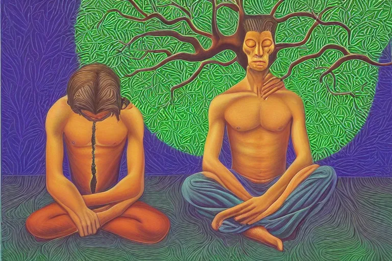 Prompt: painting of a depressed man meditating under a tree by alex grey, acrylic art, sad, soothing, somber, elegant, soft light,