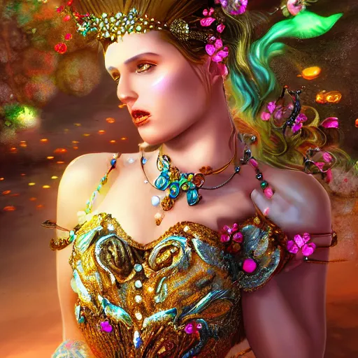 Image similar to A beautiful siren decorated with precious stones, and wherever she walks glowing flowers grow, 8k, photorealistic, ultra realistic, extreme detail, highly detailed, atmospheric, , cinematic composition