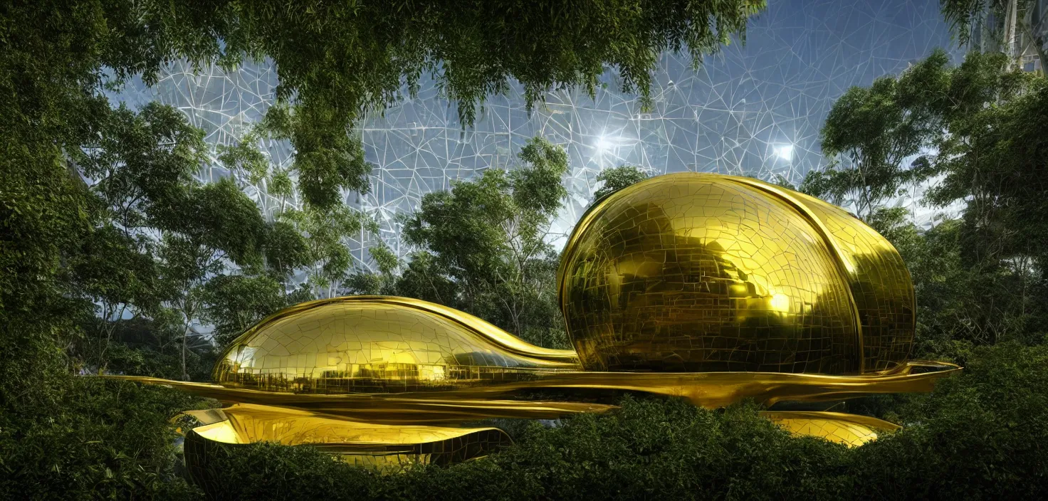 Prompt: futuristic shinny golden mirror building camouflaged in an jungle landscape of a solarpunk world by frank gerhy and oscar niemeyer, shinny golden roads and bridges designed by zaha hadid, movie poster, spiral golden ratio, at dusk lighting, evening lighting, reflections, film still, hyper realistic, octane render redshift arnold materials unreal engine, 8 k post production, hyper detailed