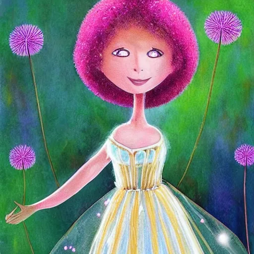 Image similar to a beautiful fairytale painting of a dandelion seed fairy