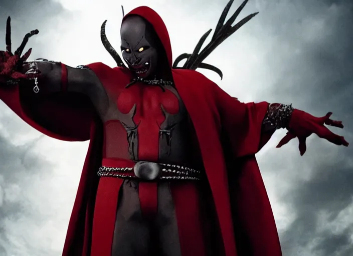 Image similar to film still of jamie foxx as spawn in the new spawn movie, giant chains, large cape, 8 k