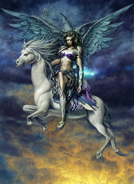 Image similar to biblical diabolical beautiful female valkyree android, on a pegasus, jump, heavy eyes to the side, closeup, bright glowing veins, in clouds, rain, sunset, portrait, by gerald brom, by mikhail vrubel, by peter elson, muted colors, extreme detail, reflections, trending on artstation, 8 k