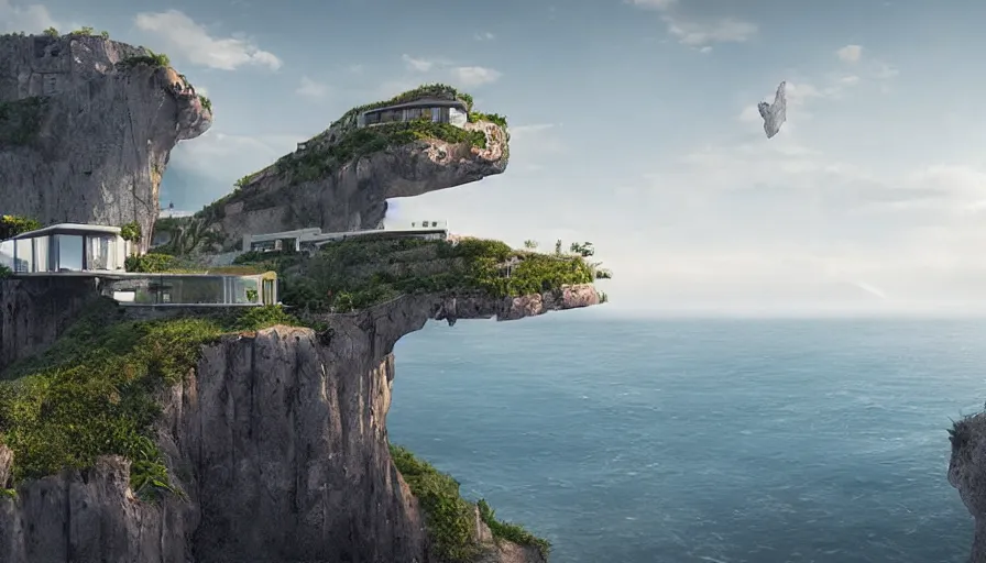 Image similar to modern house perched on a cliff overlooking a magnificient bay, concept art by raphael lacoste