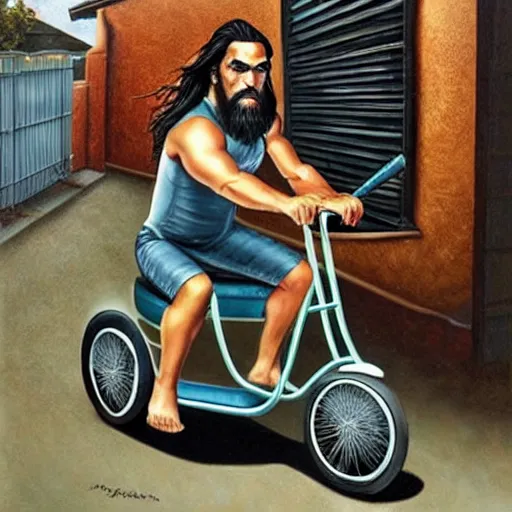 Prompt: Jason Momoa on a tricycle, lowbrow painting by Mark Ryden