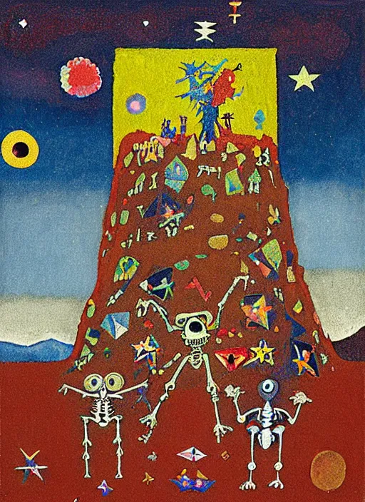 Image similar to pixel decollage painting tarot lovers card composition tower of babel road red armor maggot bear and wonky alien frog skeleton knight on a horse in a dark red cloudy night sky with golden foil jewish stars and diamonds, mountain lake and blossoming field in background, painted by Mark Rothko, Helen Frankenthaler, Danny Fox and Hilma af Klint, pixelated, neo expressionism, semi naive, pastel colors, cinematic, color field painting, cave painting, voxel, pop art look, outsider art, minimalistic. Bill Traylor painting, part by Philip Guston, Amano and Francis Bacon. art by Adrian Ghenie and Storm Thorgerson, very coherent symmetrical artwork, cinematic, hyper realism, high detail, octane render, unreal engine, Smooth gradients, depth of field, full body character drawing, extremely detailed, 8k, extreme detail, intricate detail, masterpiece